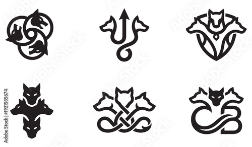 Collection of stylized Cerberus logos, representing a mythical three-headed dog in various artistic interpretations.