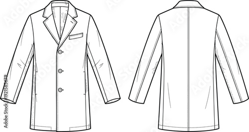 Technical Line Art Illustration of Tailored Overcoat Front and Back View Formal Outerwear Apparel Fashion Design Template with Lapel Collar and Buttons