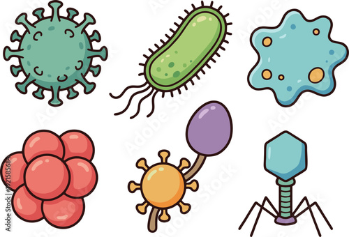 Various microorganisms including viruses and bacteria are illustrated in a collection of cartoon-style images on a simple white background from a direct viewpoint