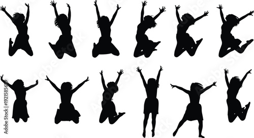 Energetic jumping silhouettes, dynamic people poses, active lifestyle illustration, fitness dance movement, exercise concept, sports activity design, motion art background