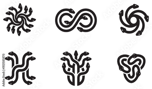 Collection of stylized snake symbols and icons, representing infinity, tribal patterns, and mythological creatures.