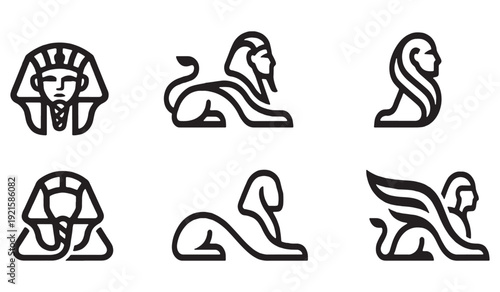 Collection of stylized Egyptian sphinx and pharaoh head icons in a minimalist line art style.