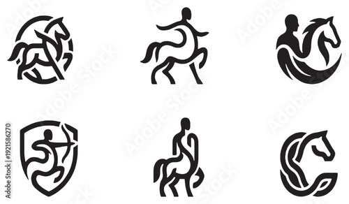 Collection of stylized centaur and horse icons, representing mythology, zodiac signs, and strength.