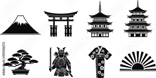Japanese cultural symbols collection with Mount Fuji, Torii gate, pagodas, bonsai tree, samurai, kimono, rising sun heritage illustration