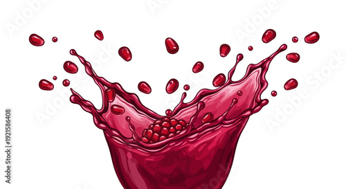 A glass filled with red juice splashing upwards with droplets flying through the air in a dynamic illustration from a front viewpoint