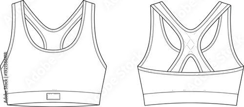 Women’s sports bra technical flat sketch, front and back view athletic crop top template, racerback design apparel vector line drawing for fashion designers and manufacturers
