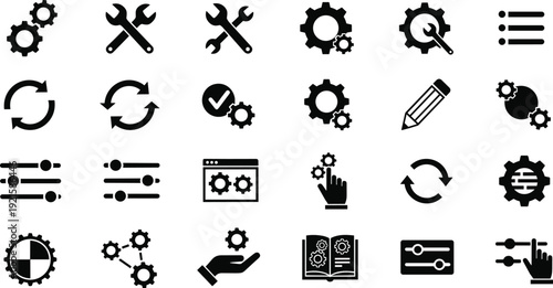 Settings and maintenance glyph icons set with gear wrench refresh and configuration symbols vector illustration