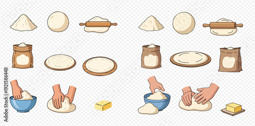 Dough making process icon set with flour, hands kneading, and rolling pin.