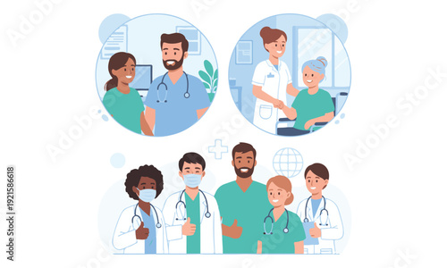 Diverse Healthcare Professionals and Patient Care Illustration