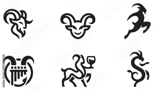 Collection of stylized goat and ram icons representing zodiac signs and mythical creatures.