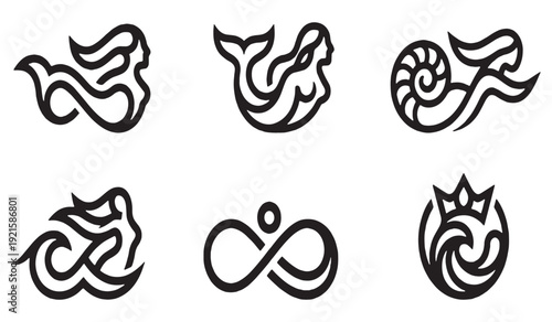Collection of stylized line art icons representing mythical sea creatures and symbols, including mermaids, a nautilus shell, and an infinity symbol.