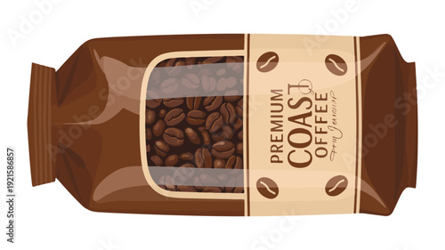 Bag of coffee beans with a label packaging
