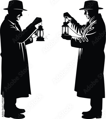 Mysterious silhouettes of two figures holding lanterns, symmetrical composition, dramatic fashion illustration, long coats, wide‑brim hats, artistic design