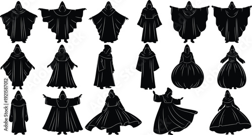 Robed figure silhouette illustration, dynamic character poses design, costume artwork collection, animation reference concept, visual storytelling graphic, creative art scene