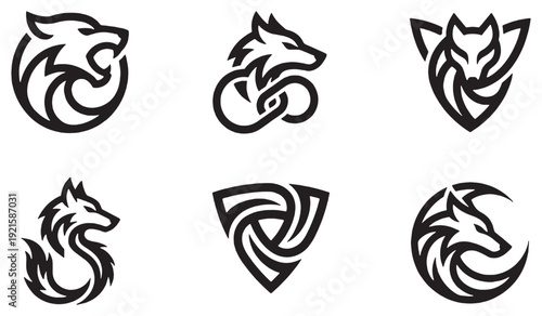 Set of stylized wolf and fox emblems and icons in a minimalist black and white design.