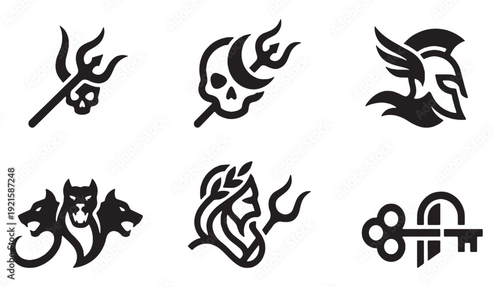 Obraz premium Collection of mythological symbols and icons including a trident, skull, helmet, Cerberus, goddess, and key.