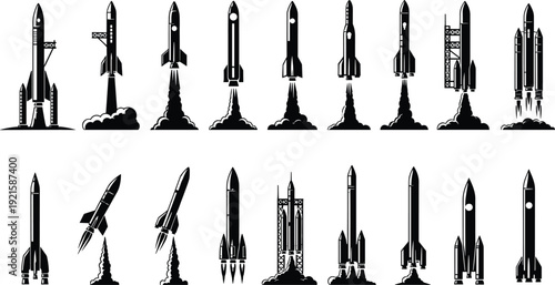 Rocket silhouette illustration, aerospace launch vehicle design, space exploration artwork, futuristic engineering concept, spacecraft graphic collection, science technology art