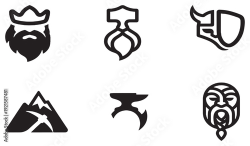 Collection of six stylized icons representing Norse mythology and Viking culture, including a king, Thor's hammer, a helmet, mountains with pickaxes, an anvil, and a Viking face.