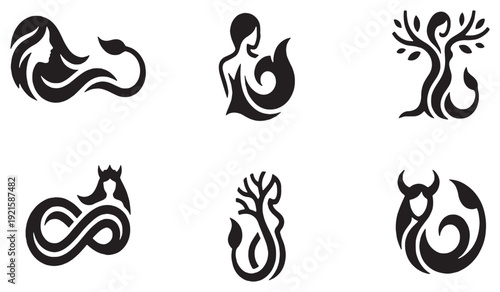 Collection of stylized zodiac signs and mythical creatures in black and white graphic style.