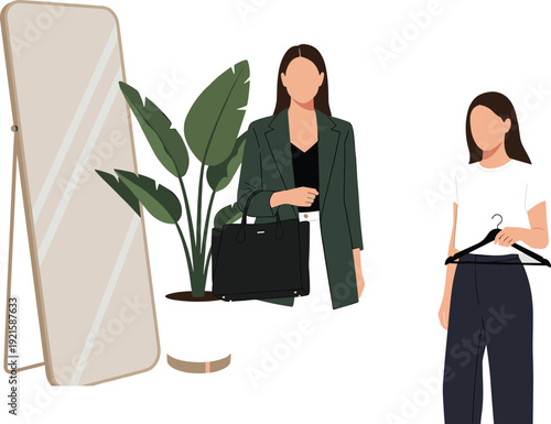Fashion styling illustration, dressing room concept, mirror reflection scene, boutique clothing selection, personal stylist activity, wardrobe choice, modern retail fashion design