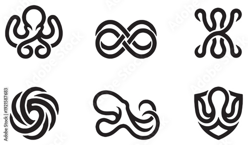 Collection of stylized octopus and infinity symbols in black and white, perfect for logos and graphic design elements.
