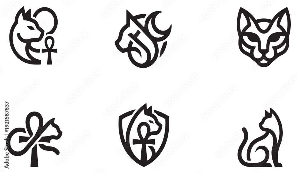 Fototapeta premium Collection of stylized Egyptian cat icons with ankh symbols, representing ancient culture and mythology.