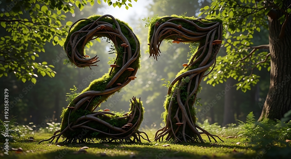 Fototapeta premium Number 27 formed by twisted tree branches and moss, nestled in lush green forest with sunlit background