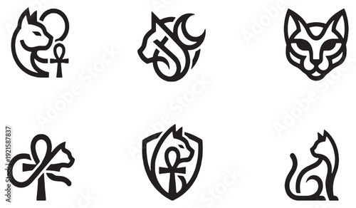 Collection of stylized Egyptian cat icons with ankh symbols, representing ancient culture and mythology.