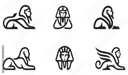 Collection of stylized line art icons representing the mythical creature Sphinx and Egyptian pharaohs.