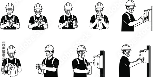 Step‑by‑step handwashing procedure with worker in safety gear, hygiene illustration, industrial workplace health, proper cleaning, soap, rinse, towel use