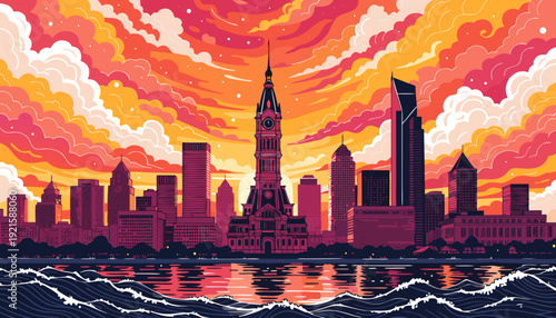 Philadelphia skyline vector art with chicago sunset scene, water waves, and philly vibes. Suitable for travel posters and citythemed designs.