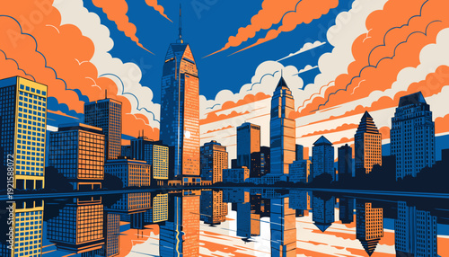 Philadelphia skyline vector with serene cityscape and orangehued waters suitable for travel brochures, city guides, banners, and postcards.