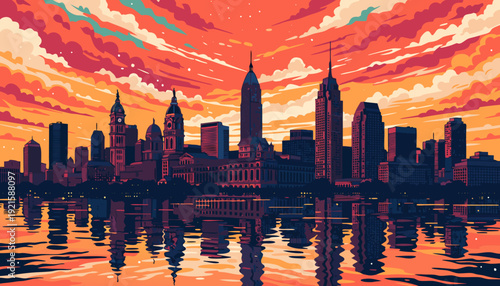 Philadelphia skyline vector reflects sunset in water, showing serene cityscape. Suitable for city travel brochures, postcards, and website designs.