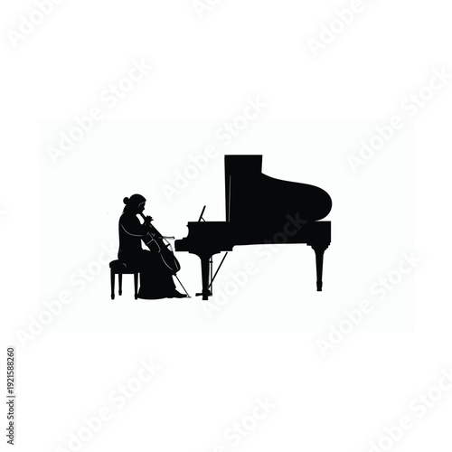 Cellist Playing Cello Beside Grand Piano Silhouette