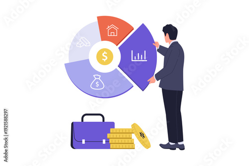 Business Investor Managing Asset Allocation with Portfolio Pie Chart Illustration. Businessman organizing different financial assets into a diversified pie chart for strategic investment planning