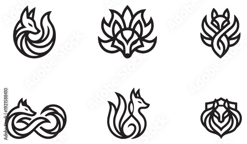 Collection of stylized fox logos in a minimalist line art style, perfect for branding and design.