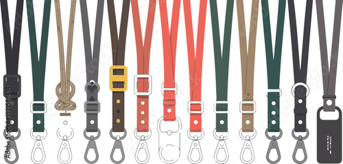 A flat design illustration of various lanyard styles arranged in a horizontal line against a white background.