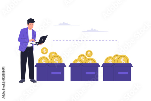 Financial Diversification Concept with Investor Sorting Coins into Multiple Boxes. Investor using a laptop to manage and sort gold coins into different storage boxes