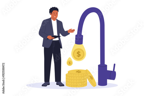 Financial Liquidity Concept. A businessman standing by a faucet shaped like a light bulb that pours out gold coins, representing the ease of converting assets into cash and bright financial ideas