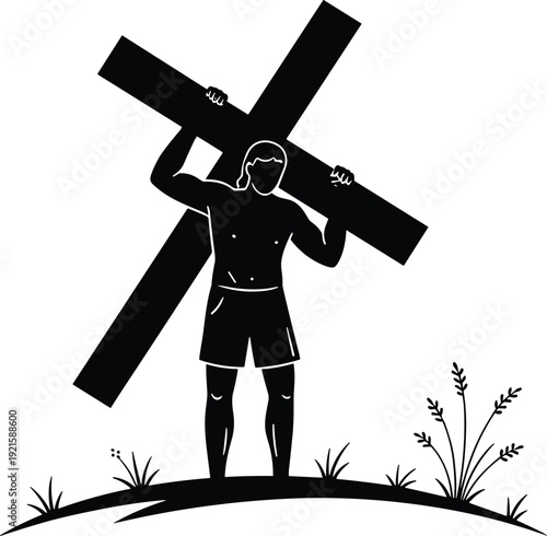 Black silhouette of a man carrying a large wooden cross on his shoulders across a field representing faith, sacrifice, and religion