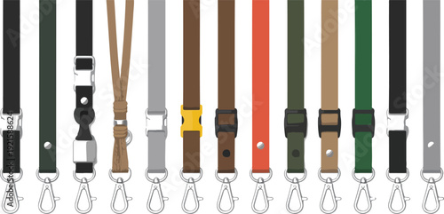 A flat design illustration of various lanyard styles arranged in a horizontal line against a white background.