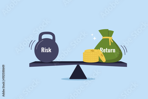 Risk and Return Balance Scale with Weight and Money Bag Illustration. A conceptual illustration of a balance scale weighing a heavy "Risk" weight against a "Return" money bag.