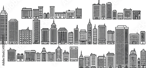 Urban city skyline silhouette, architectural building illustration, modern skyscraper design, metropolitan landscape art, city planning concept, black and white graphic