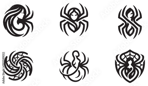 Collection of stylized spider woman logos and icons, representing a blend of feminine and arachnid imagery.