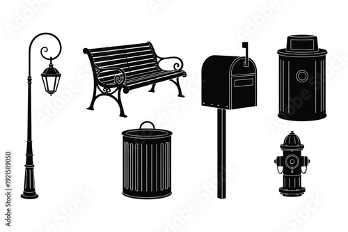 Collection of Black Silhouettes of Street Furniture