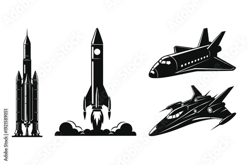 Black Silhouettes of Rockets and Spaceplanes