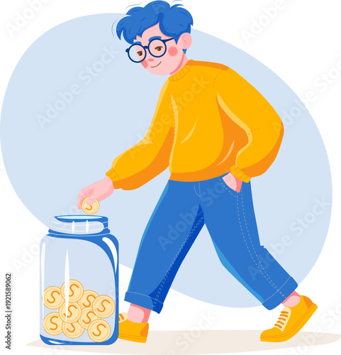Hand-drawn vector illustration of man in yellow sweater and blue jeans putting coins into transparent jar. Perfect visual concept for saving money, financial planning, and savings-themed content
