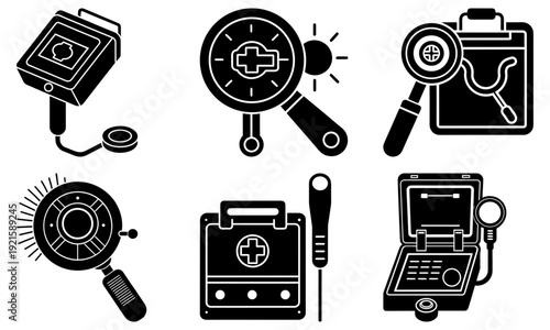 A collection of icons representing Investigation Tools and Office Supplies on a clean white background from a straightforward Viewpoint