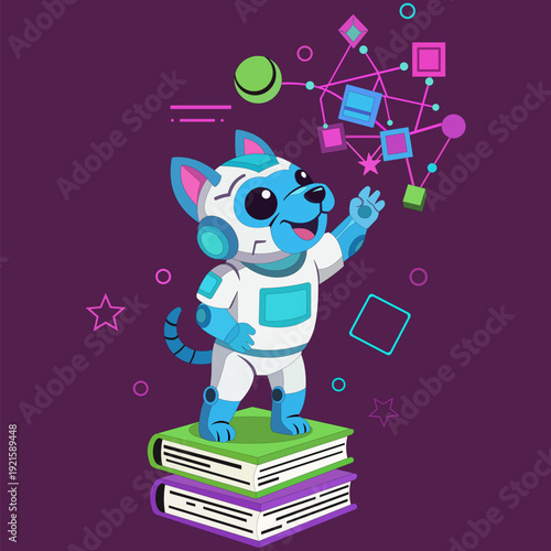 Cute Robot Cat Standing on Books, Futuristic Cybernetic Kitten Playing with Geometric Data, Science Education and AI Technology Flat Vector Illustration