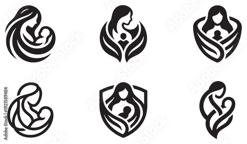 Set of six abstract mother and child logo designs in black and white, symbolizing love and care.
